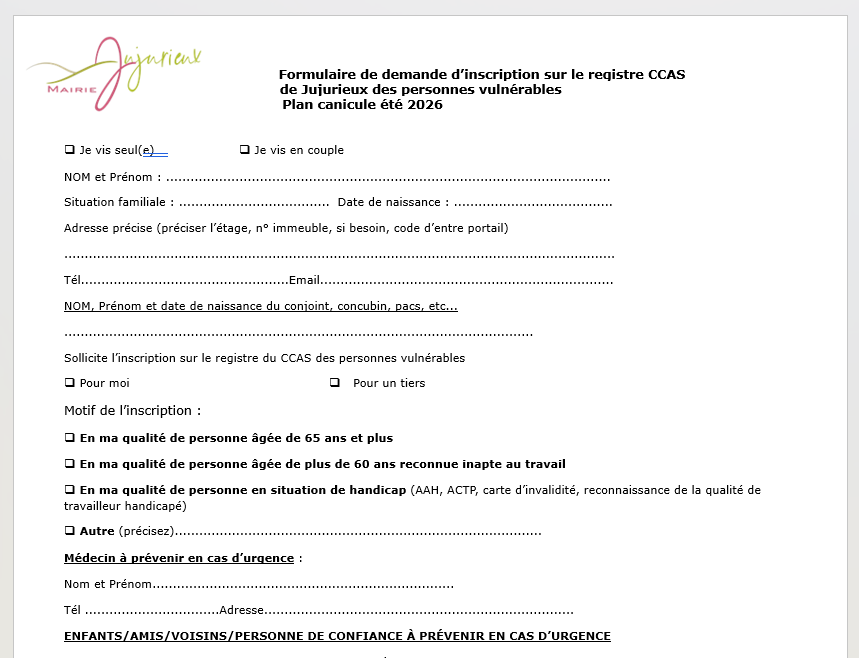 Formulaire de demande d’inscription sur le registre CCAS de Jujurieux des personnes vulnérables Plan canicule été 2026